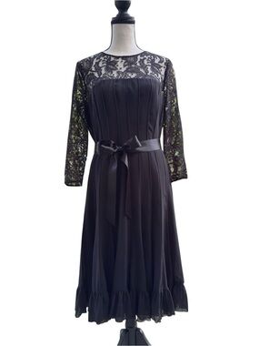 Adrianna Papell Black Lace-Top Midi Dress with Satin Waist Tie
